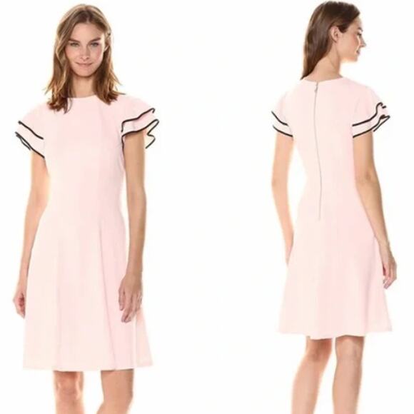 Tommy Hilfiger SIZE 10 Pink Ruffled Black Detail Short Sleeve Fit & Flare Dress - Picture 3 of 12